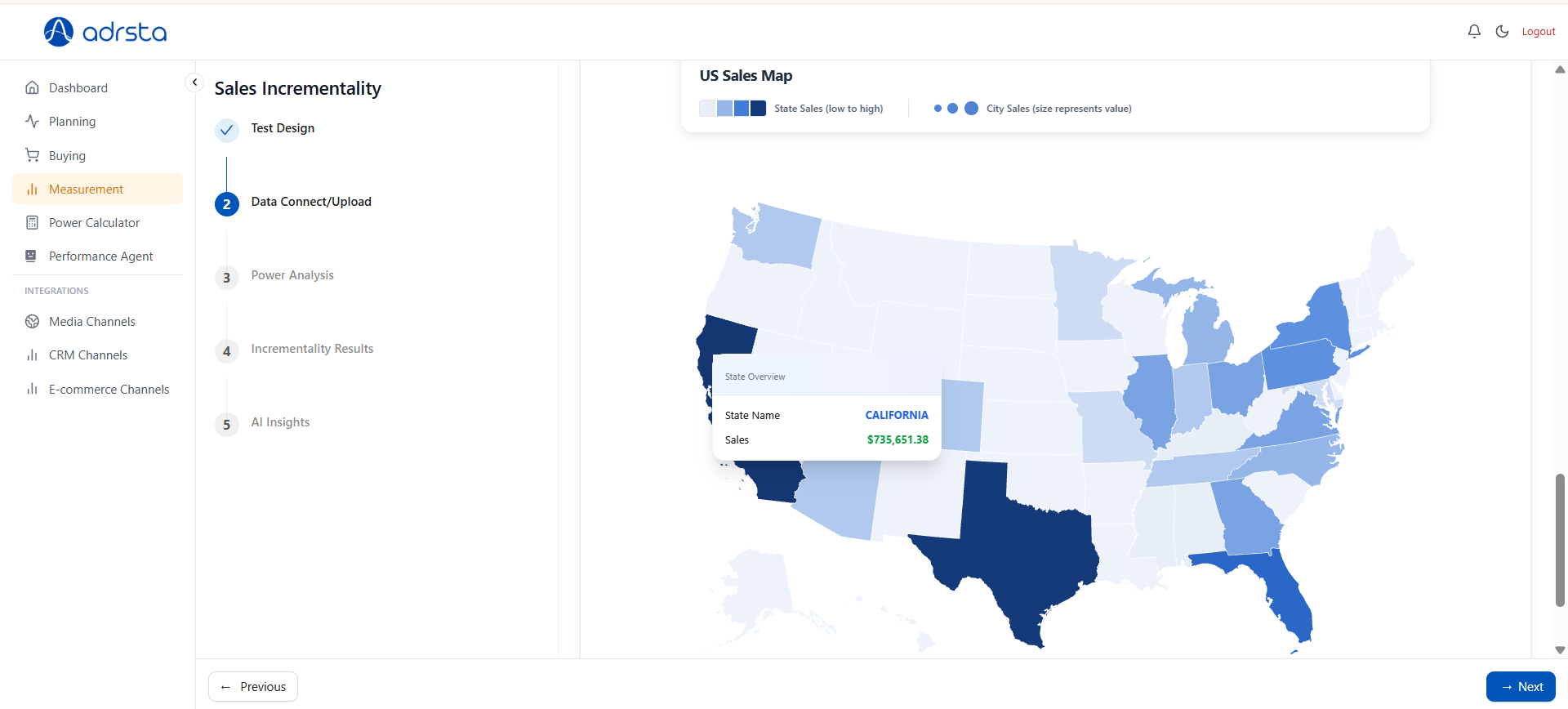 US sales map with state-level data for incrementality test geo selection